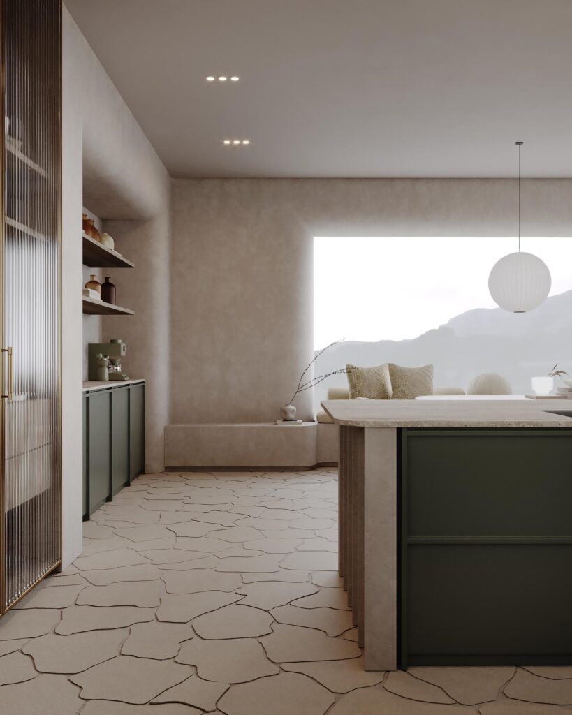 Modern house design kitchen with warm neutral tones, natural stone flooring and custom timber cabinetry in a Perth home by Neo Interior Design